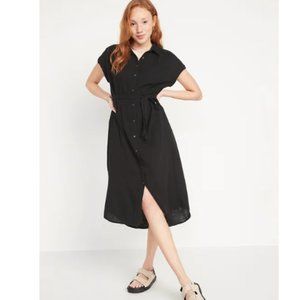 Old Navy NWT Puff-Sleeve Waist-Defined Midi Shirt Dress in Black
